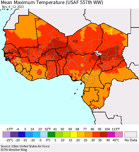 Western Africa Mean Maximum Temperature (USAF 557th WW) Thematic Map For 11/6/2023 - 11/12/2023