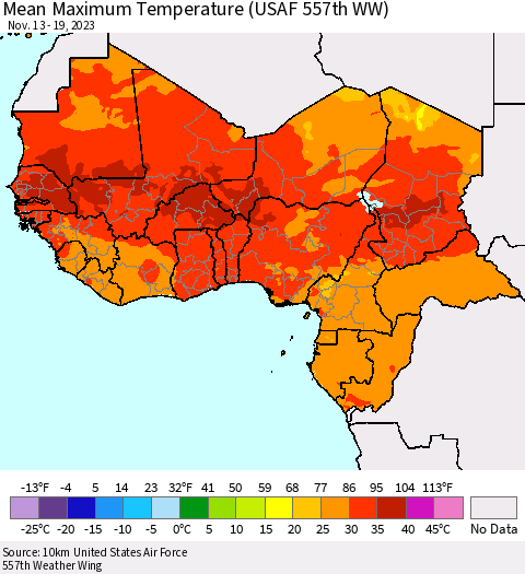 Western Africa Mean Maximum Temperature (USAF 557th WW) Thematic Map For 11/13/2023 - 11/19/2023