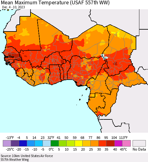 Western Africa Mean Maximum Temperature (USAF 557th WW) Thematic Map For 12/4/2023 - 12/10/2023