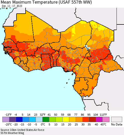 Western Africa Mean Maximum Temperature (USAF 557th WW) Thematic Map For 12/11/2023 - 12/17/2023
