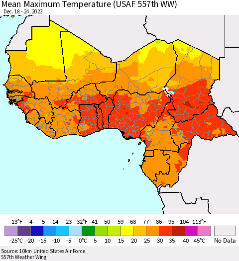 Western Africa Mean Maximum Temperature (USAF 557th WW) Thematic Map For 12/18/2023 - 12/24/2023