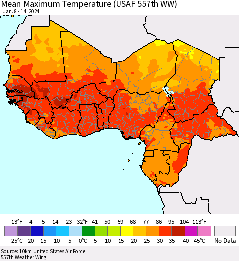 Western Africa Mean Maximum Temperature (USAF 557th WW) Thematic Map For 1/8/2024 - 1/14/2024