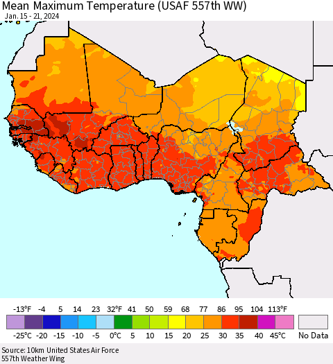 Western Africa Mean Maximum Temperature (USAF 557th WW) Thematic Map For 1/15/2024 - 1/21/2024