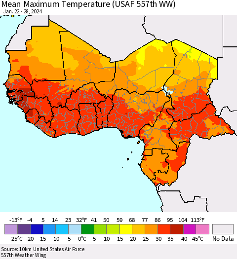 Western Africa Mean Maximum Temperature (USAF 557th WW) Thematic Map For 1/22/2024 - 1/28/2024