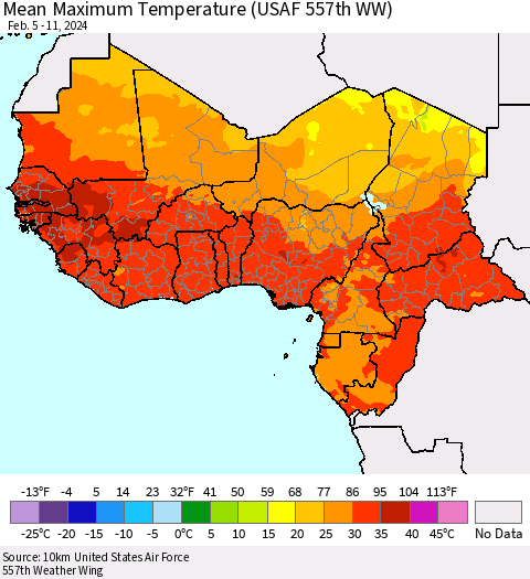 Western Africa Mean Maximum Temperature (USAF 557th WW) Thematic Map For 2/5/2024 - 2/11/2024