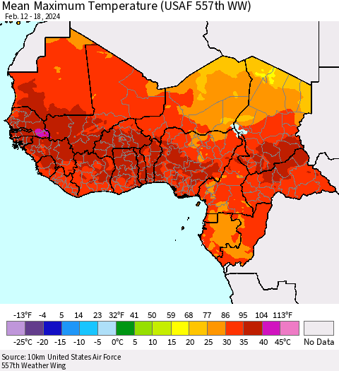 Western Africa Mean Maximum Temperature (USAF 557th WW) Thematic Map For 2/12/2024 - 2/18/2024