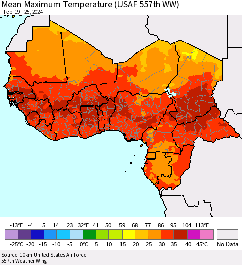 Western Africa Mean Maximum Temperature (USAF 557th WW) Thematic Map For 2/19/2024 - 2/25/2024