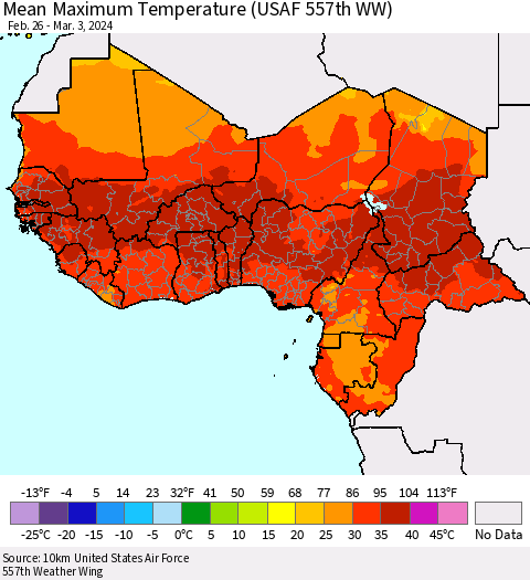 Western Africa Mean Maximum Temperature (USAF 557th WW) Thematic Map For 2/26/2024 - 3/3/2024