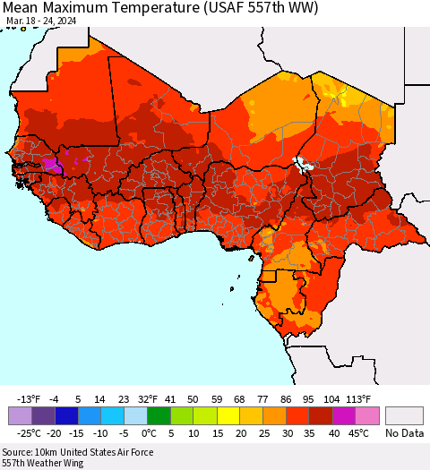 Western Africa Mean Maximum Temperature (USAF 557th WW) Thematic Map For 3/18/2024 - 3/24/2024