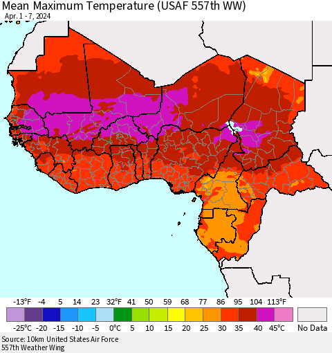Western Africa Mean Maximum Temperature (USAF 557th WW) Thematic Map For 4/1/2024 - 4/7/2024
