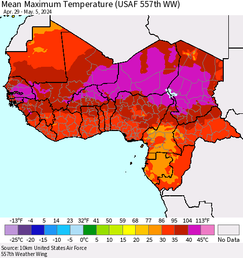 Western Africa Mean Maximum Temperature (USAF 557th WW) Thematic Map For 4/29/2024 - 5/5/2024
