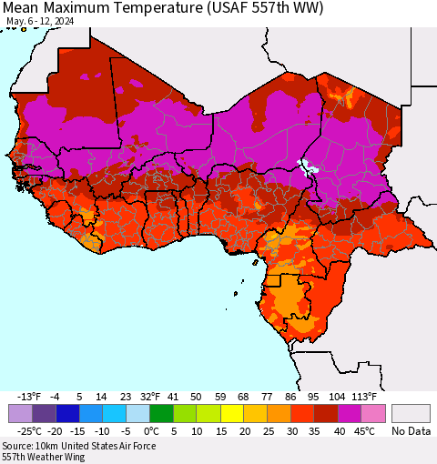 Western Africa Mean Maximum Temperature (USAF 557th WW) Thematic Map For 5/6/2024 - 5/12/2024