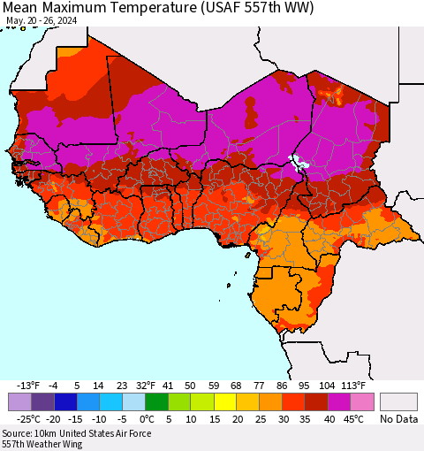 Western Africa Mean Maximum Temperature (USAF 557th WW) Thematic Map For 5/20/2024 - 5/26/2024
