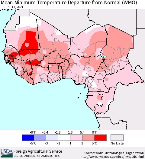Western Africa Mean Minimum Temperature Departure from Normal (WMO) Thematic Map For 7/5/2021 - 7/11/2021