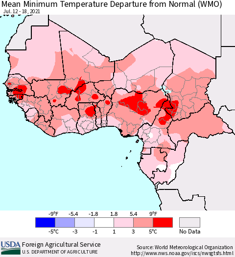 Western Africa Mean Minimum Temperature Departure from Normal (WMO) Thematic Map For 7/12/2021 - 7/18/2021