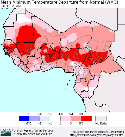 Western Africa Mean Minimum Temperature Departure from Normal (WMO) Thematic Map For 7/19/2021 - 7/25/2021