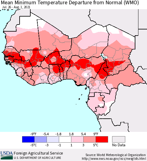 Western Africa Mean Minimum Temperature Departure from Normal (WMO) Thematic Map For 7/26/2021 - 8/1/2021