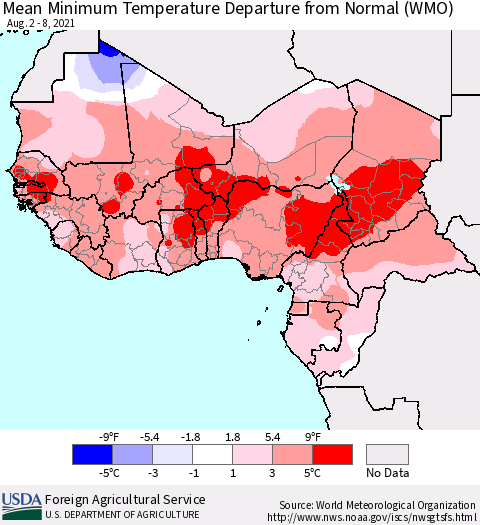 Western Africa Mean Minimum Temperature Departure from Normal (WMO) Thematic Map For 8/2/2021 - 8/8/2021