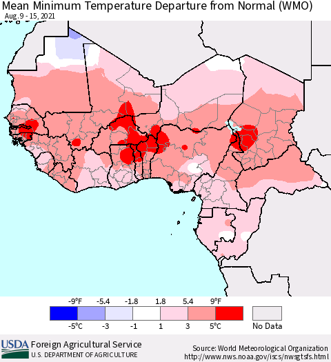 Western Africa Mean Minimum Temperature Departure from Normal (WMO) Thematic Map For 8/9/2021 - 8/15/2021