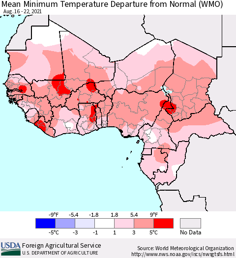 Western Africa Mean Minimum Temperature Departure from Normal (WMO) Thematic Map For 8/16/2021 - 8/22/2021