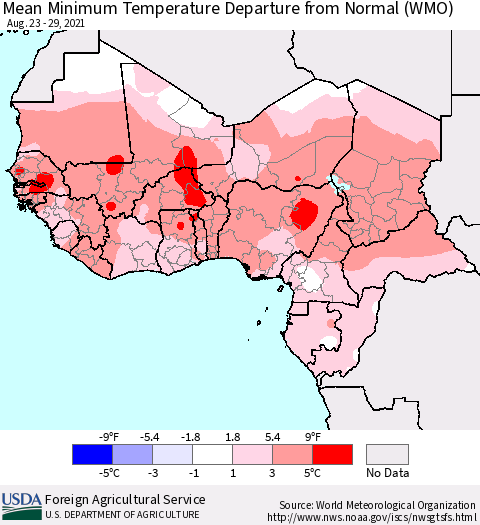 Western Africa Mean Minimum Temperature Departure from Normal (WMO) Thematic Map For 8/23/2021 - 8/29/2021