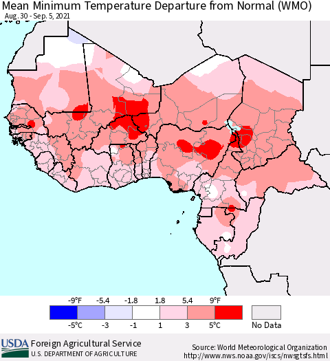 Western Africa Mean Minimum Temperature Departure from Normal (WMO) Thematic Map For 8/30/2021 - 9/5/2021