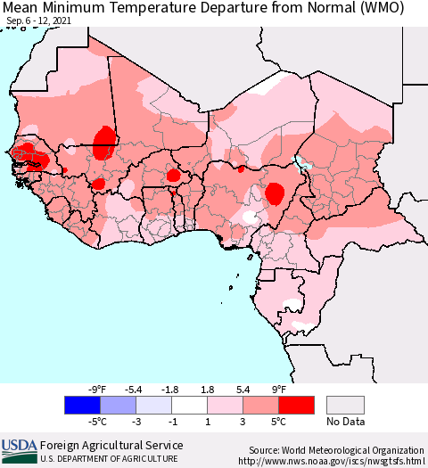 Western Africa Mean Minimum Temperature Departure from Normal (WMO) Thematic Map For 9/6/2021 - 9/12/2021
