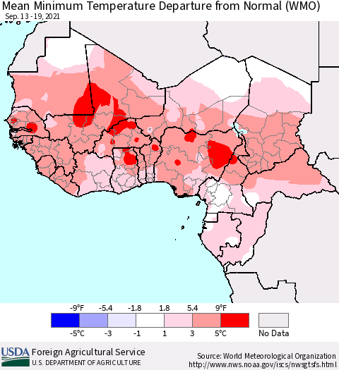Western Africa Mean Minimum Temperature Departure from Normal (WMO) Thematic Map For 9/13/2021 - 9/19/2021