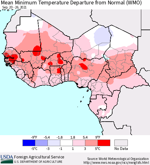 Western Africa Mean Minimum Temperature Departure from Normal (WMO) Thematic Map For 9/20/2021 - 9/26/2021