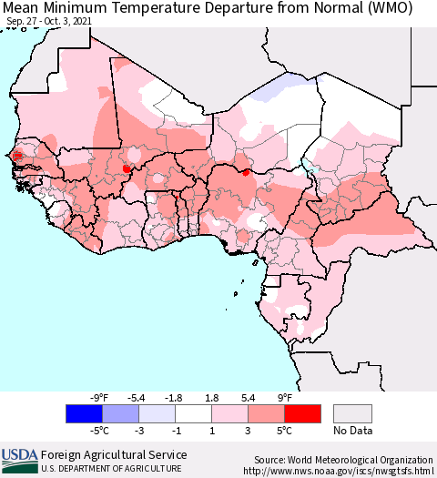 Western Africa Mean Minimum Temperature Departure from Normal (WMO) Thematic Map For 9/27/2021 - 10/3/2021