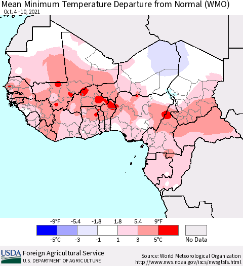 Western Africa Mean Minimum Temperature Departure from Normal (WMO) Thematic Map For 10/4/2021 - 10/10/2021