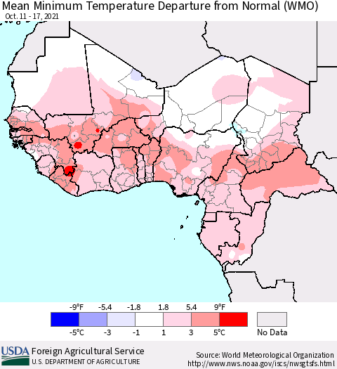 Western Africa Mean Minimum Temperature Departure from Normal (WMO) Thematic Map For 10/11/2021 - 10/17/2021