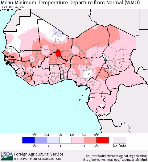 Western Africa Mean Minimum Temperature Departure from Normal (WMO) Thematic Map For 10/18/2021 - 10/24/2021
