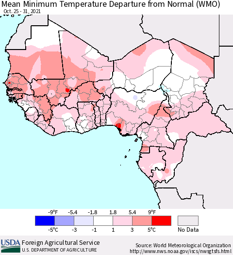 Western Africa Mean Minimum Temperature Departure from Normal (WMO) Thematic Map For 10/25/2021 - 10/31/2021