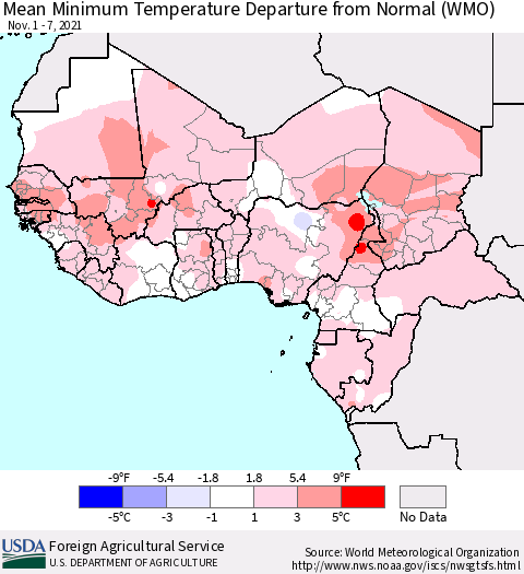 Western Africa Mean Minimum Temperature Departure from Normal (WMO) Thematic Map For 11/1/2021 - 11/7/2021