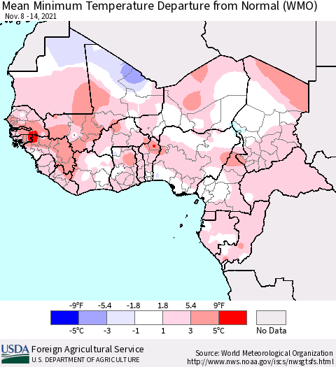 Western Africa Mean Minimum Temperature Departure from Normal (WMO) Thematic Map For 11/8/2021 - 11/14/2021