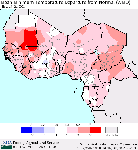 Western Africa Mean Minimum Temperature Departure from Normal (WMO) Thematic Map For 11/15/2021 - 11/21/2021