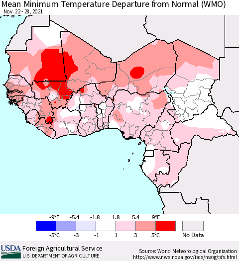Western Africa Mean Minimum Temperature Departure from Normal (WMO) Thematic Map For 11/22/2021 - 11/28/2021