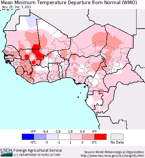 Western Africa Mean Minimum Temperature Departure from Normal (WMO) Thematic Map For 11/29/2021 - 12/5/2021