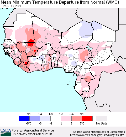 Western Africa Mean Minimum Temperature Departure from Normal (WMO) Thematic Map For 12/6/2021 - 12/12/2021