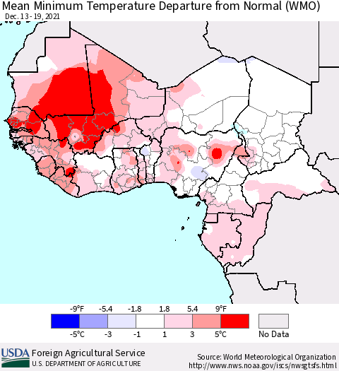 Western Africa Mean Minimum Temperature Departure from Normal (WMO) Thematic Map For 12/13/2021 - 12/19/2021