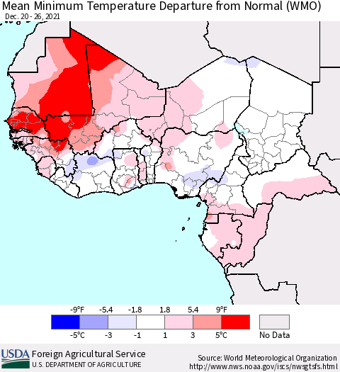 Western Africa Mean Minimum Temperature Departure from Normal (WMO) Thematic Map For 12/20/2021 - 12/26/2021