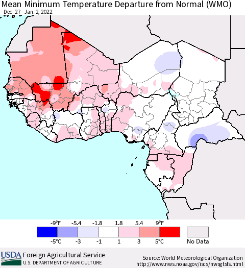 Western Africa Mean Minimum Temperature Departure from Normal (WMO) Thematic Map For 12/27/2021 - 1/2/2022