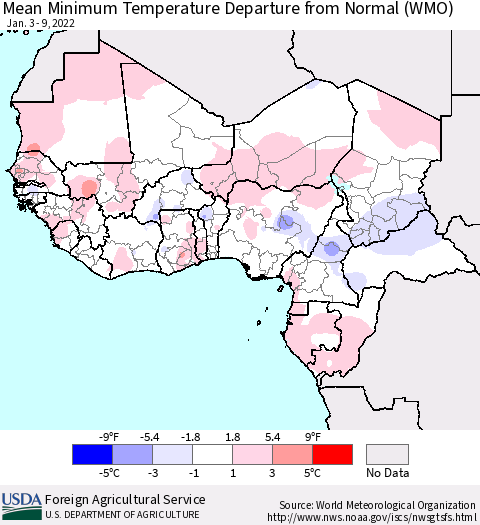 Western Africa Mean Minimum Temperature Departure from Normal (WMO) Thematic Map For 1/3/2022 - 1/9/2022
