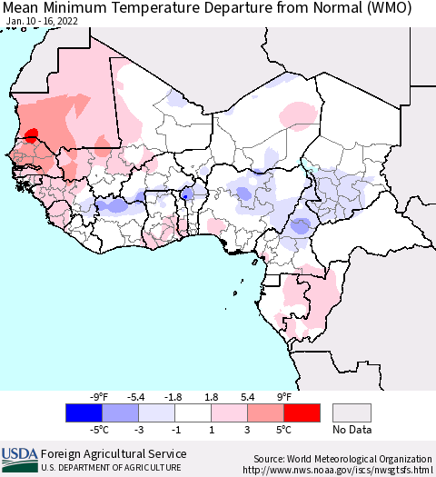 Western Africa Mean Minimum Temperature Departure from Normal (WMO) Thematic Map For 1/10/2022 - 1/16/2022