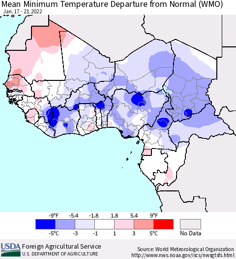 Western Africa Mean Minimum Temperature Departure from Normal (WMO) Thematic Map For 1/17/2022 - 1/23/2022