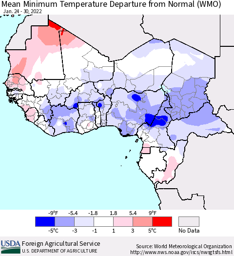 Western Africa Mean Minimum Temperature Departure from Normal (WMO) Thematic Map For 1/24/2022 - 1/30/2022