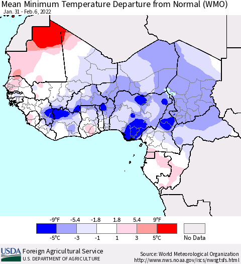 Western Africa Mean Minimum Temperature Departure from Normal (WMO) Thematic Map For 1/31/2022 - 2/6/2022