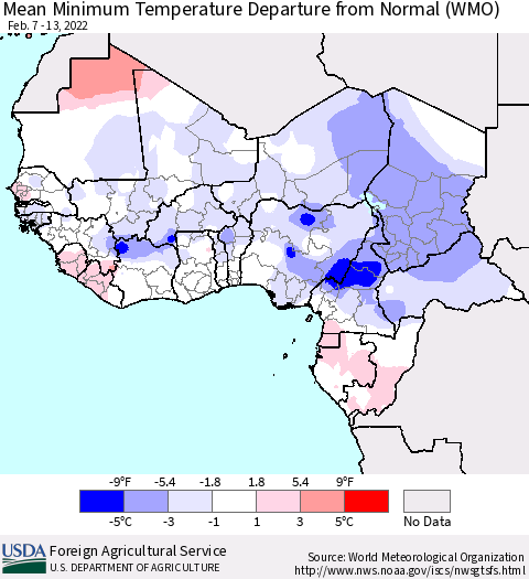 Western Africa Mean Minimum Temperature Departure from Normal (WMO) Thematic Map For 2/7/2022 - 2/13/2022