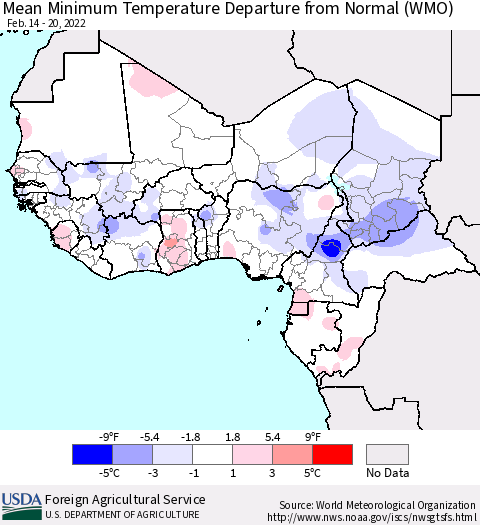 Western Africa Mean Minimum Temperature Departure from Normal (WMO) Thematic Map For 2/14/2022 - 2/20/2022